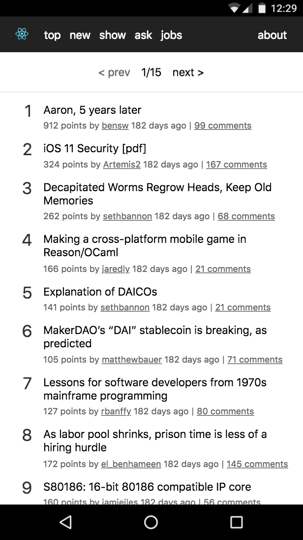 React HN HN PWA running on a mobile phone